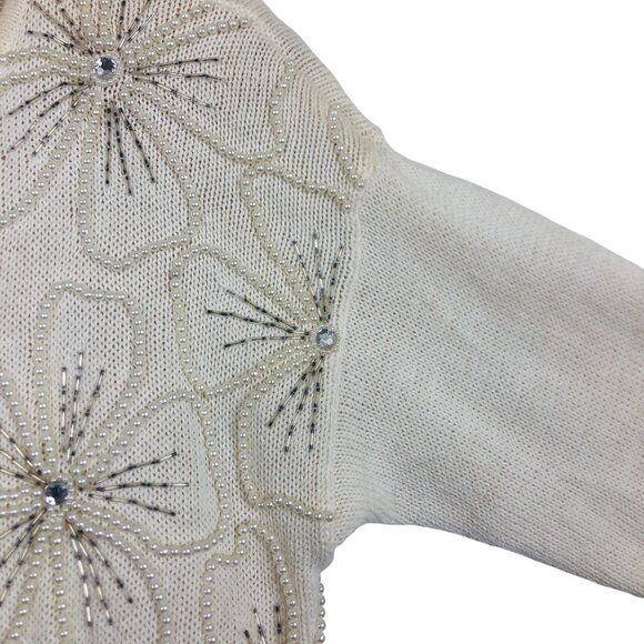 Vtg 80s Victoria Jones Knit Crewneck Sweater P Medium Floral Faux Pearl Beaded - Picture 4 of 8
